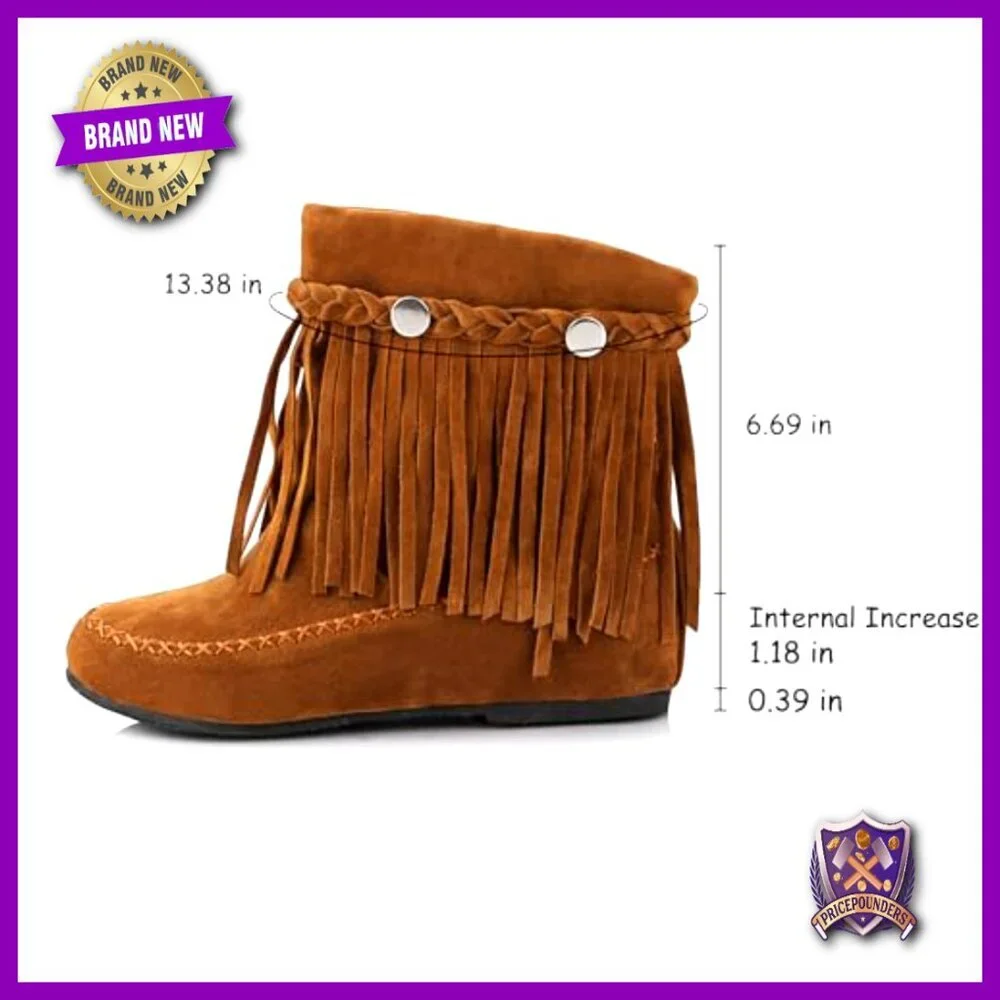 Suede Tassel Ankle Boots Vintage Western Slip On Hidden Wedge Heel Booties